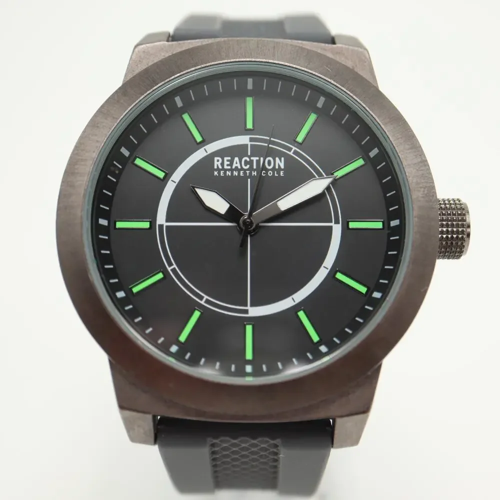 Kenneth Cole Reaction Mens 48mm Watch Gray Black Green Jumbo w New Battery